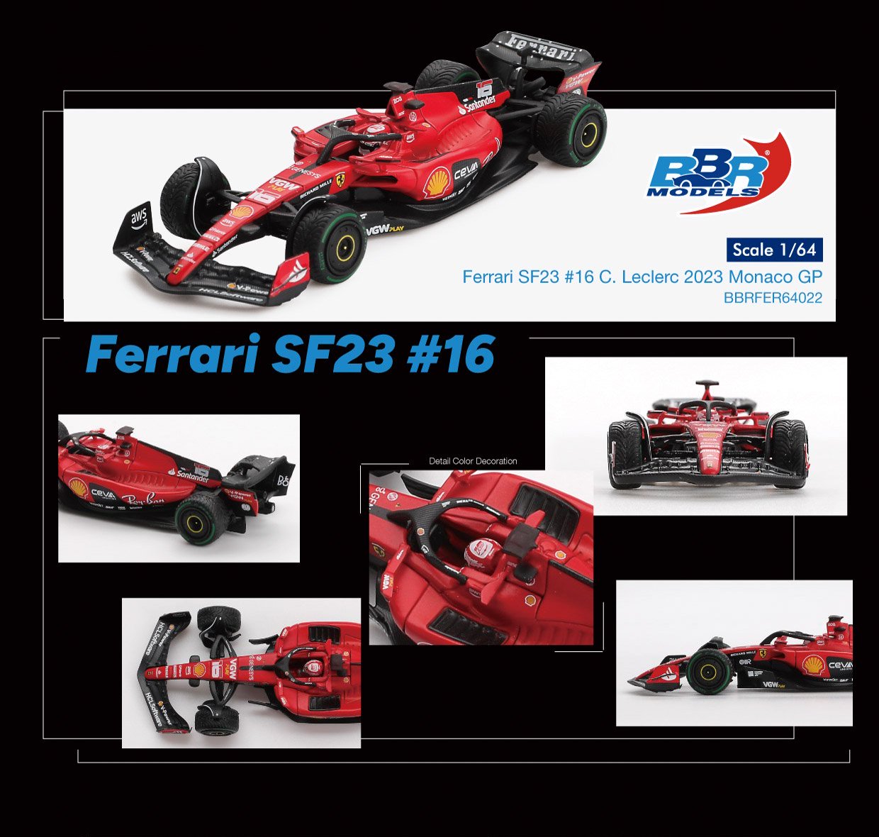 1:64 FERRARI SF23 NO.16 C.LECLERC 2023 MONACO GP - BBR Models - BBRFER64022