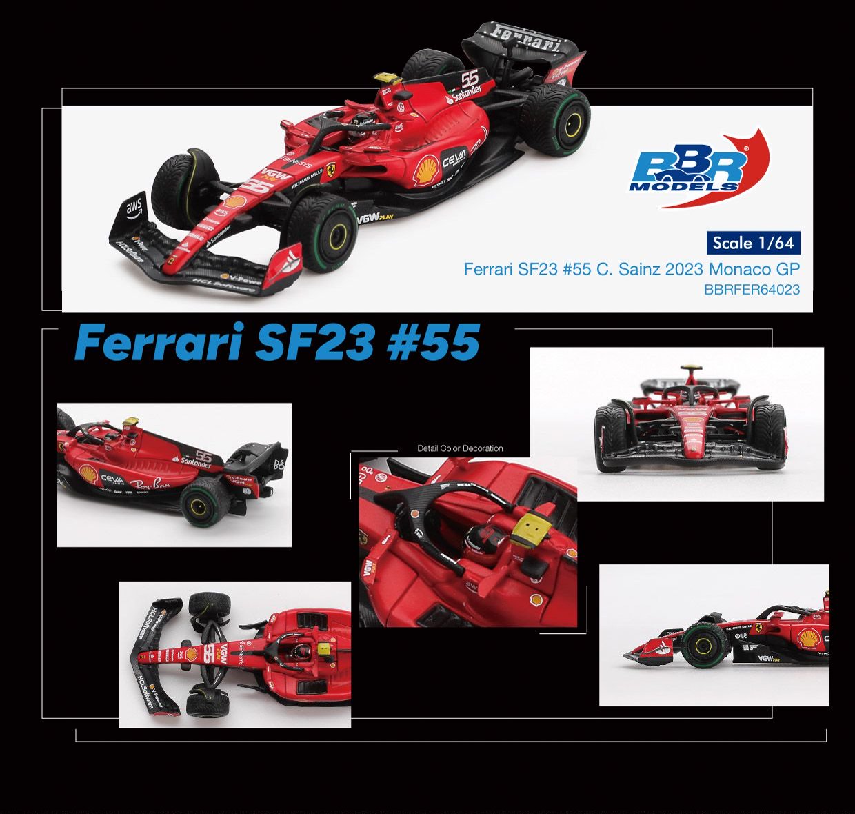 1:64 FERRARI SF23 NO.55 C.SAINZ 2023 MONACO GP - BBR Models - BBRFER64023