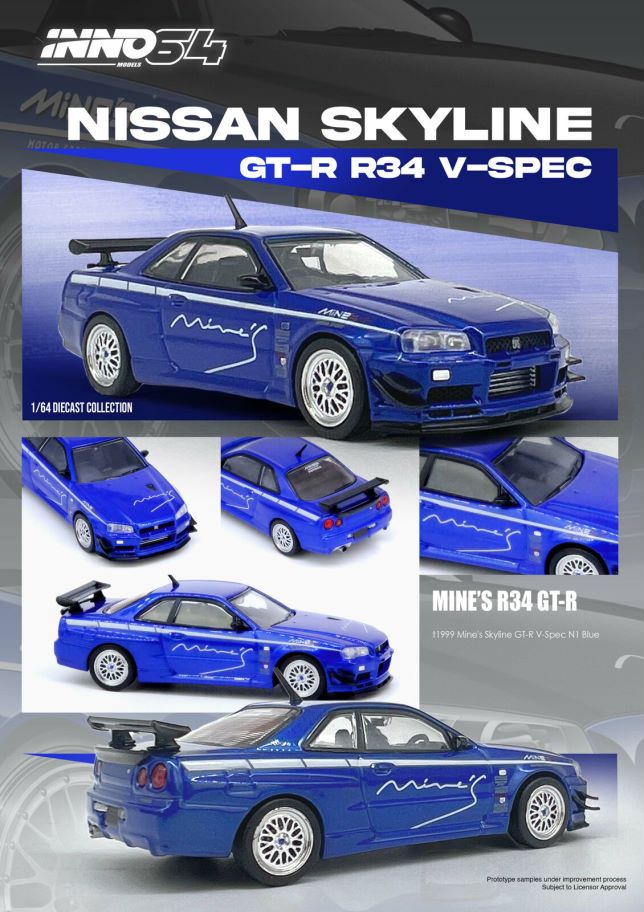 1/64 NISSAN SKYLINE GT-R (R34) V-SPEC Tuned by "MINE'S" - IN64-R34VS-MINES-BL