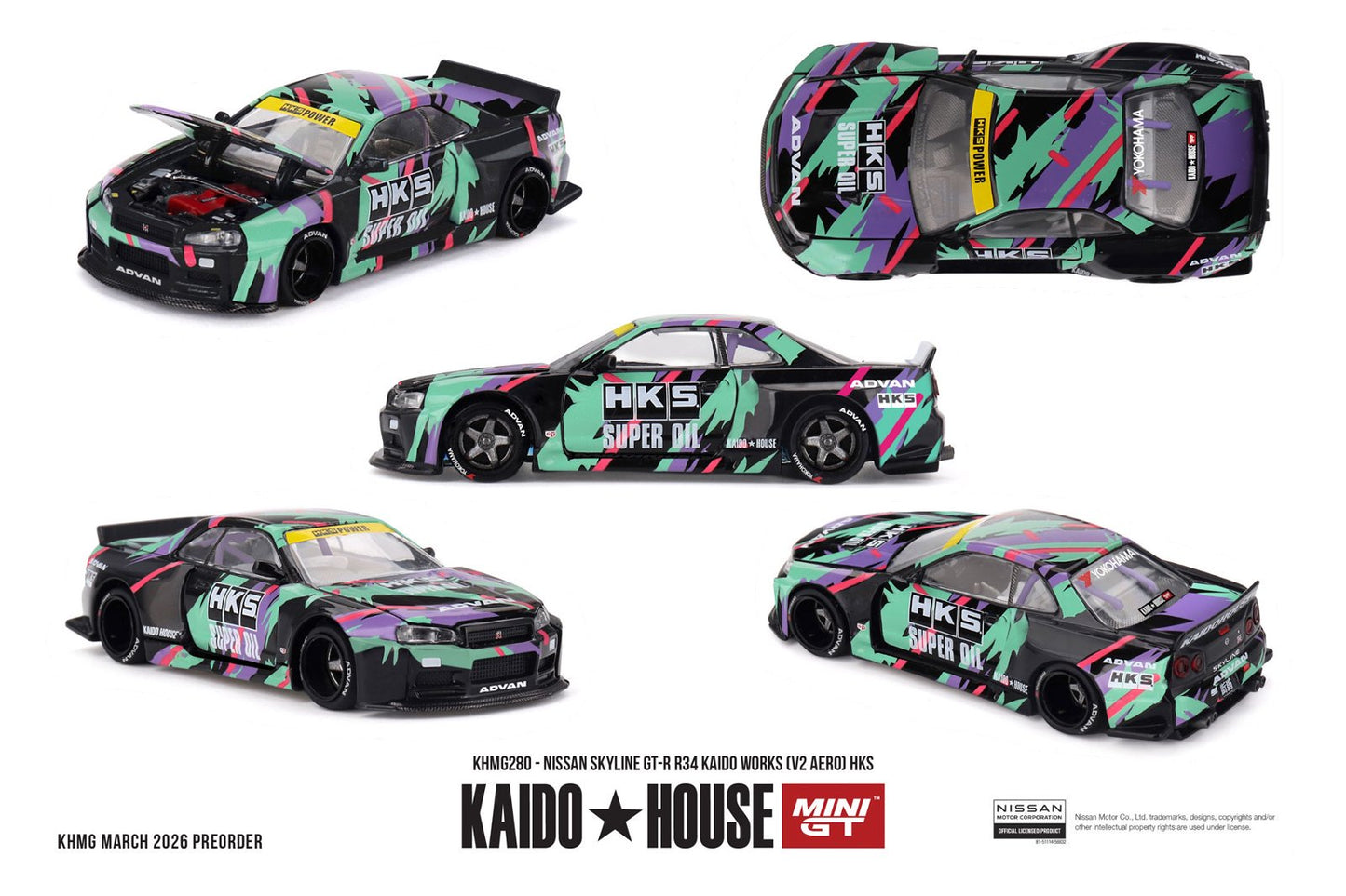 1/64 NISSAN SKYLINE GT-R R34 KAIDO WORKS (V2 AERO) HKS - Kaido House - MGTKHMG280