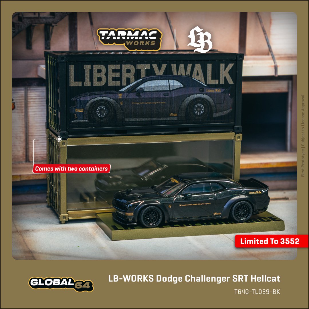1:64 LB-WORKS DODGE CHALLENGER SRT HELLCAT BLACK METALLIC WITH 2 CONTAINERS - T64G-TL039-BK