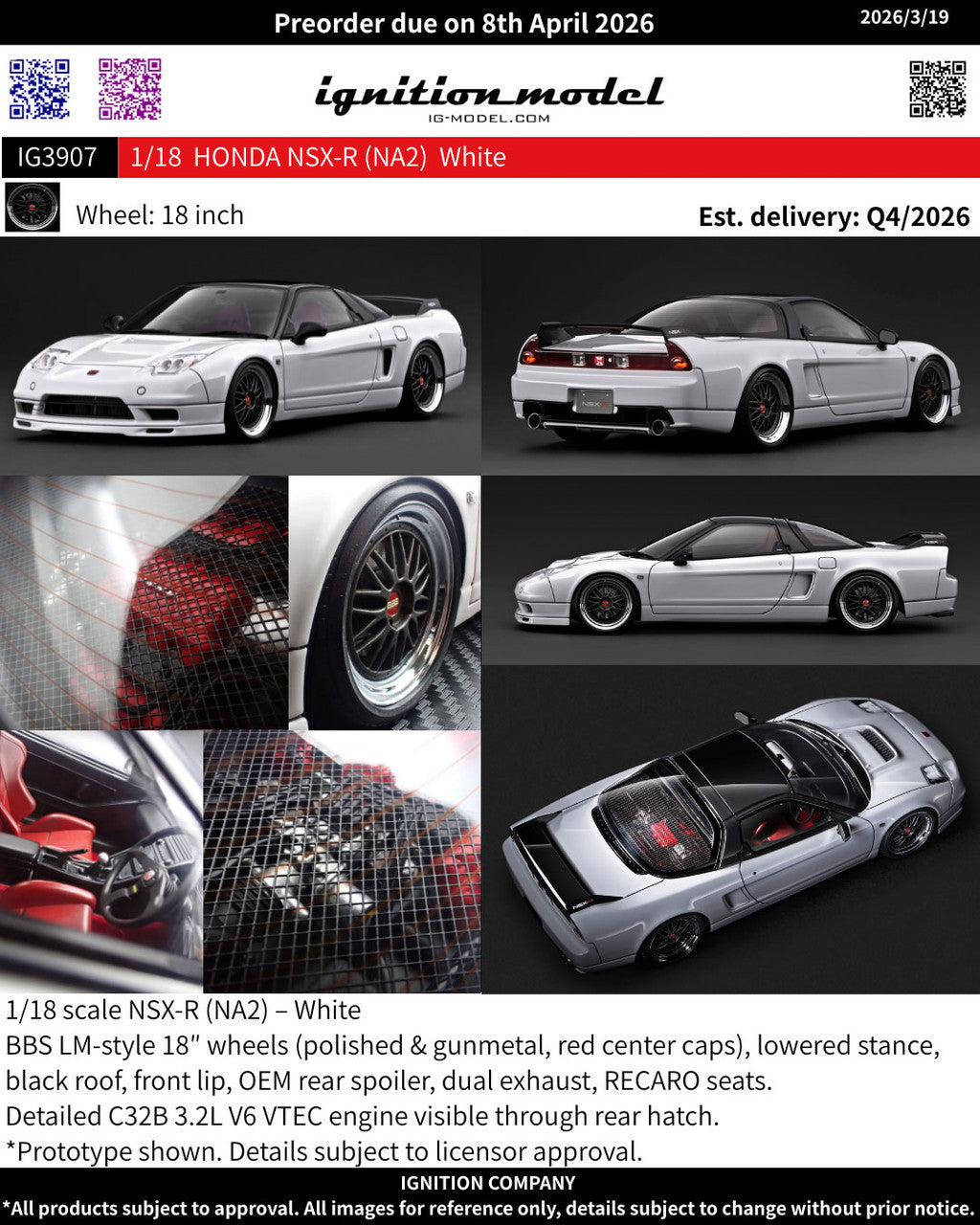 1/18 HONDA NSX-R (NA2) White - Ignition Models - IG3907
