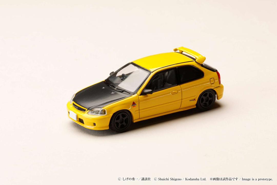 1:64 Honda Civic (EK9) Todojuku/INITIAL D Tomoyuki Tachi VS Takumi Fujiwara, yellow - Hobby Japan - HJDMD007