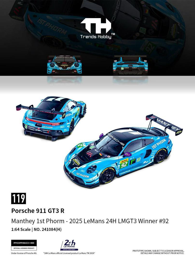 1/64 911 GT3 R LeMans 24H LMGT3 2025 Winner Manthey 1st Phorm #92 - Trends Hobby - 241084H