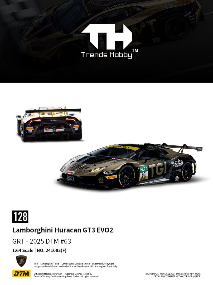 1/64 Huracan GT3 EVO2 DTM version - Black Gold GRT - 2025 DTM #63 Livery - Trends Hobby - 241083F