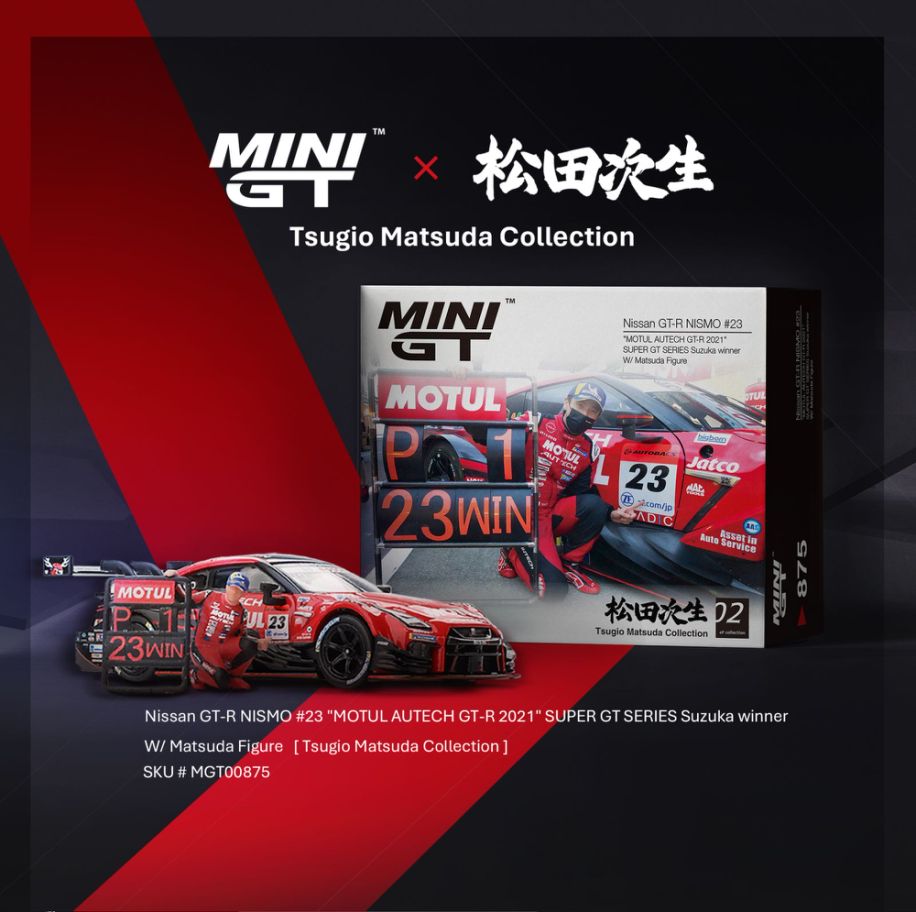 1/64 NISSAN GT-R NISMO NO.23 MOTUL AUTECH GT-R 2021 SUPER GT SERIES SUZUKA WINNER WITH MATSUDA FIGURE (LHD) (TSUGIO MATSUDA COLLECTION NO.2) - MGT00875-L