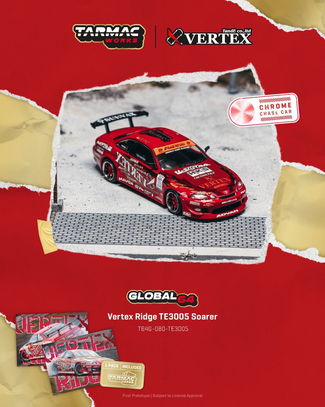 1/64 - Vertex Ridge TE3005 Soarer Model Car + Trading Cards Combo Set - TARMAC - T64G-080-TE3005