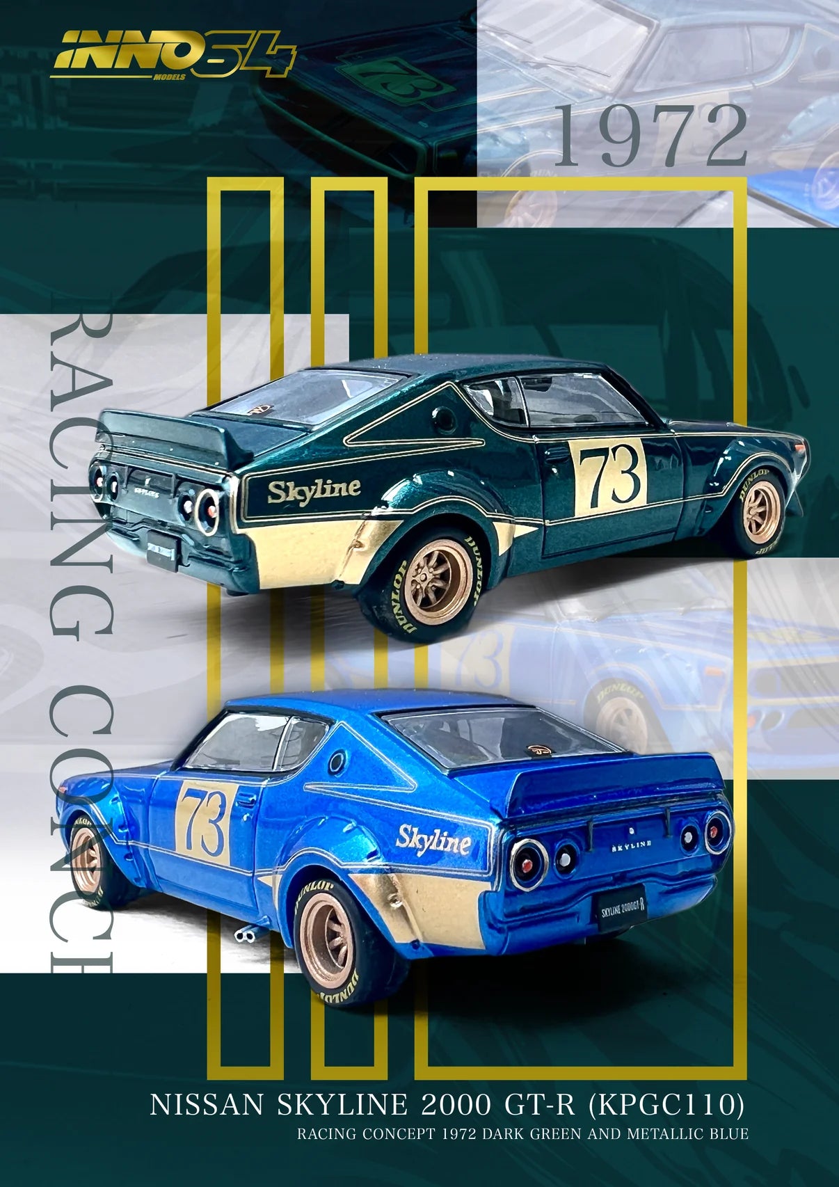 1/64 - NISSAN SKYLINE 2000 GT-R (KPGC110) Racing Concept Green - INNO64