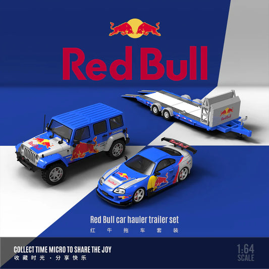 1/64 Car Hauler Trailer Set Red Bull Edition - Toyota Supra A80Z & Jeep Rubicon & Trailer - TM644421-S