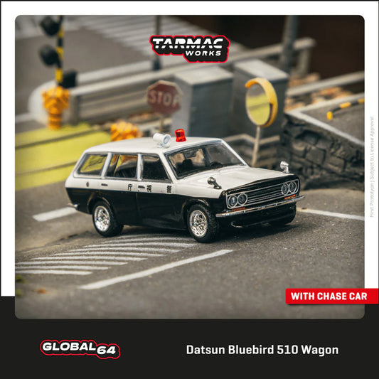 1/64  Datsun Bluebird 510 Wagon *Japan Police Car*, white/black - Tarmac - 	TC-T64G-026-PC