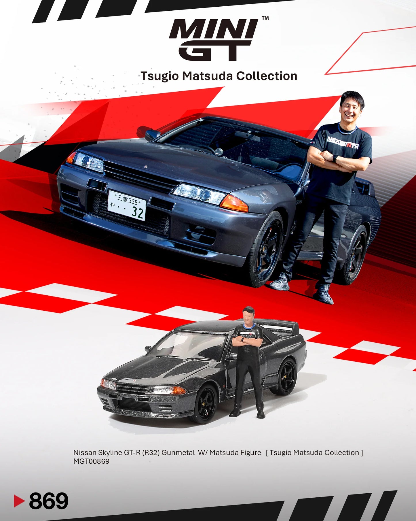 1/64 NISSAN SKYLINE GT-R (R32) NISMO GUNMETAL WITH MATSUDA FIGURE (RHD) TSUGIO MATSUDA COLLECTION - MGT00869-R