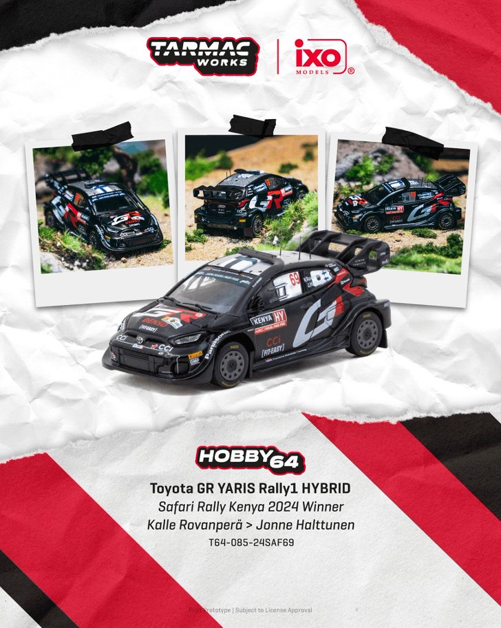 1/64 Toyota GR YARIS Rally1 HYBRID Safari Rally Kenya 2024 Winner Kalle Rovanperä / Jonne Halttunen - Tarmac Works - T64-085-24SAF69  ** Pre Order**