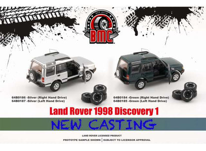 1/64 1998 Land Rover Discovery 1, silver right hand drive with an extra set of off road tires - BM64B0186rhd