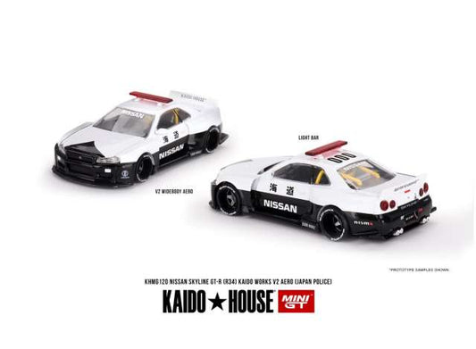 MGTKHMG120 - 1/64 1999 Nissan Skyline GT-R (R34) Kaido Works V2 Aero, white/black - Mini GT