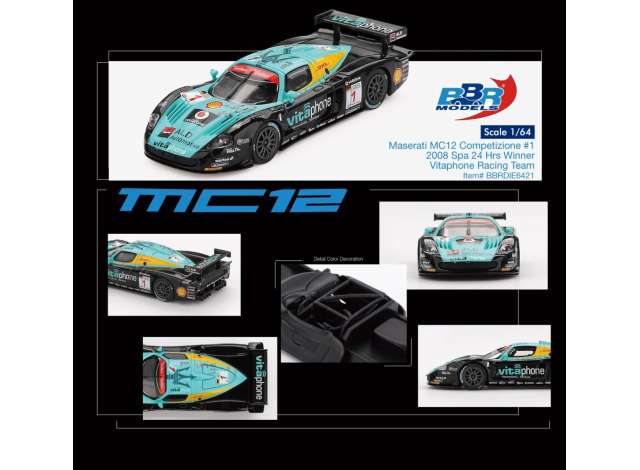 1:64 MASERATI MC12 COMPETIZIONE NO.1 VITAPHONE RACING TEAM 2008 SPA 24 HRS. WINNER - BBR Models - BBRDIE6421