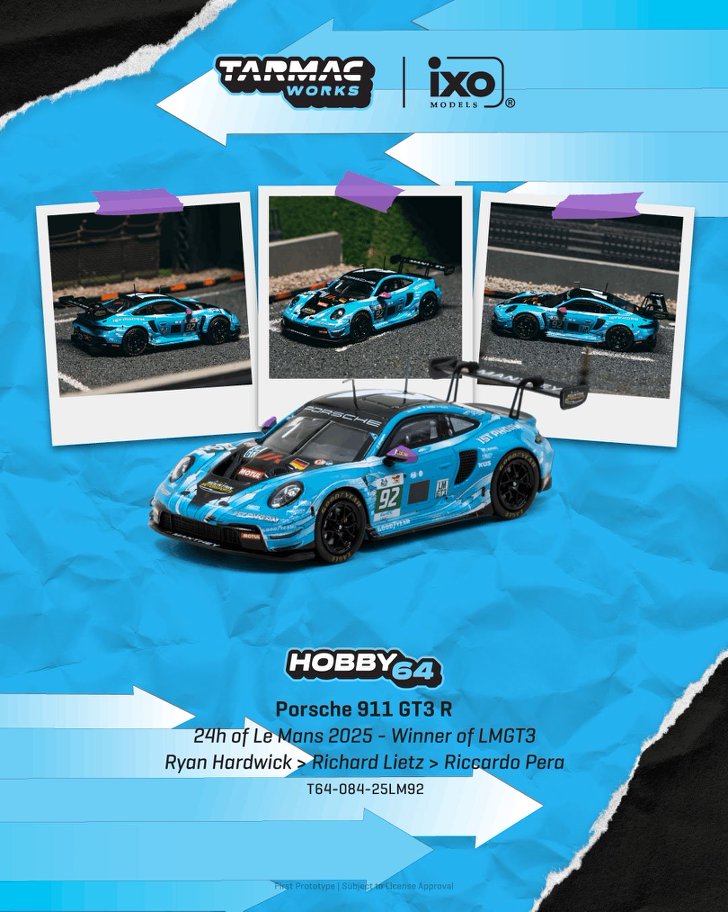 1/64 Porsche 911 GT3 R 24h of Le Mans 2025 - Winner of LMGT3 Ryan Hardwick / Richard Lietz / Riccardo Pera - Tarmac Works - T64-084-25LM92  ** Pre Order**