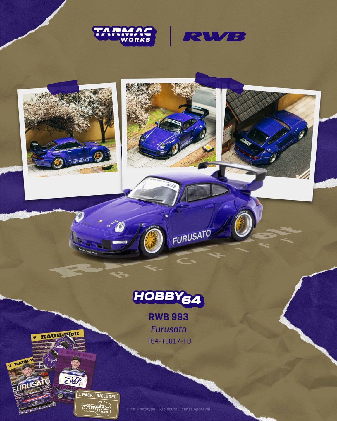 1/64 RWB 993 Furusato Model Car + Trading Cards Combo Set - Tarmac Models - T64-TL017-FU