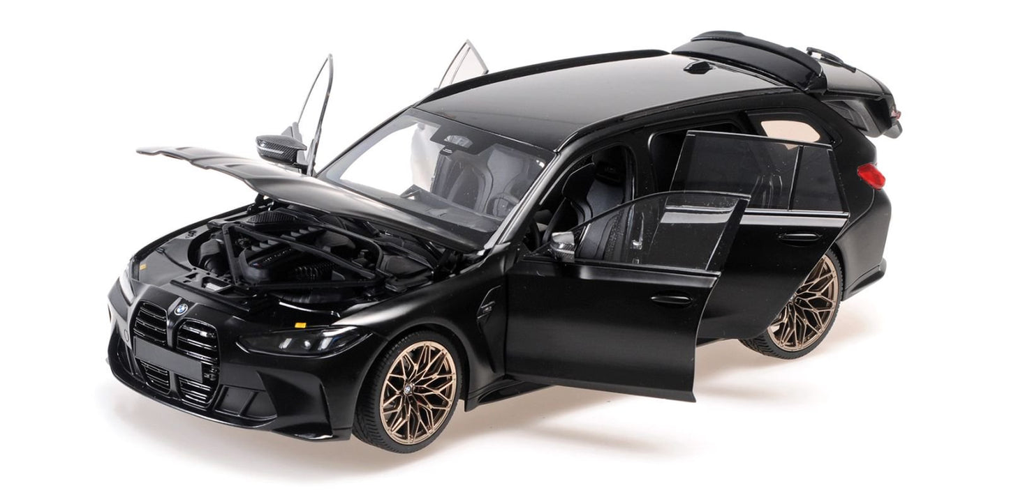 1/18 - BMW M3 TOURING - 2024 - MATT BLACK W GOLD MAGNESIUM WHEELS AND BLACK INTERIOR BUCKET SEATS - Minichamps - 110024012