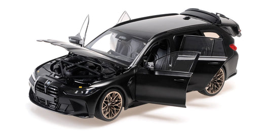 1/18 - BMW M3 TOURING - 2024 - MATT BLACK W GOLD MAGNESIUM WHEELS AND BLACK INTERIOR BUCKET SEATS - Minichamps - 110024012
