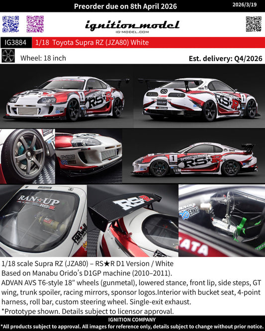1/18 Toyota Supra RZ (JZA80) White  - Ignition Models - IG3884