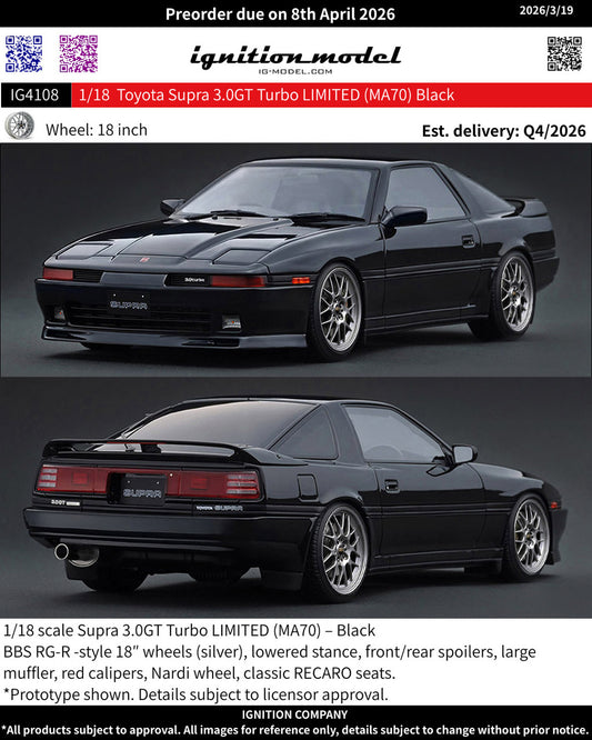 1/18 Toyota Supra 3.0GT Turbo LIMITED (MA70) Black  - Ignition Models - IG4108