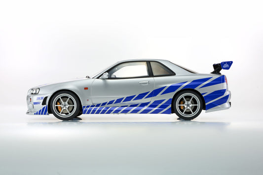 1/12 - 1:12 Nissan Skyline R34 GT-R 2001 "Fast & Furious" Silver/Blue Stripes - Kyosho - KSR12007A