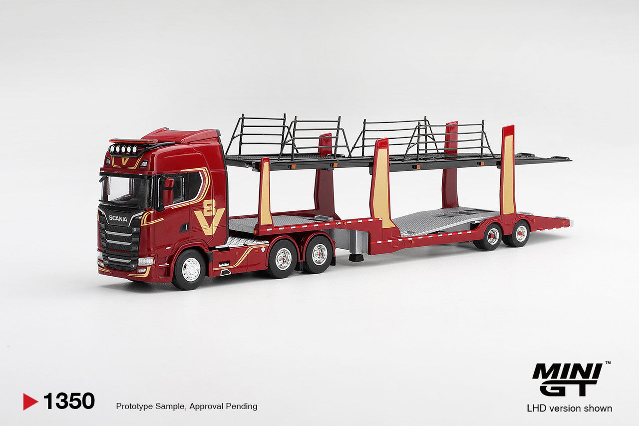 1/64  SCANIA 770S A6X4NA CAR TRANSPORTER V8 50TH ANNIVERSARY PLUS CAR TRANSPORTER RED (RHD) - MiniGT - MGT01350-R