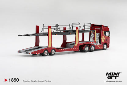 1/64  SCANIA 770S A6X4NA CAR TRANSPORTER V8 50TH ANNIVERSARY PLUS CAR TRANSPORTER RED (RHD) - MiniGT - MGT01350-R