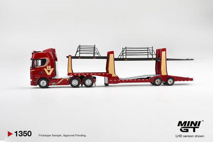1/64  SCANIA 770S A6X4NA CAR TRANSPORTER V8 50TH ANNIVERSARY PLUS CAR TRANSPORTER RED (RHD) - MiniGT - MGT01350-R