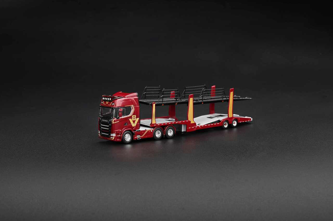1/64  SCANIA 770S A6X4NA CAR TRANSPORTER V8 50TH ANNIVERSARY PLUS CAR TRANSPORTER RED (RHD) - MiniGT - MGT01350-R