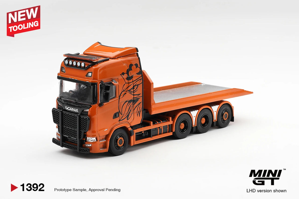 1/64 SCANIA 770S B8X4NA HOOKLIFT FLATBED ORANGE (LHD)  - Mini GT - MGT01392CH ***Pre Order***