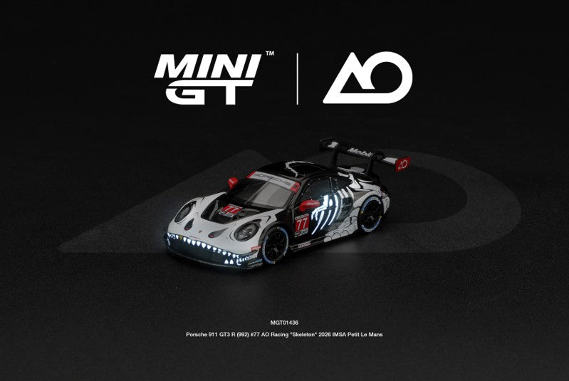 1/64 Porsche 911 GT3 R (992) #77 AO Racing "Skeleton Rexy" 2026 IMSA Petit Le Mans - Mini GT - MGT01436 ***Pre Order***
