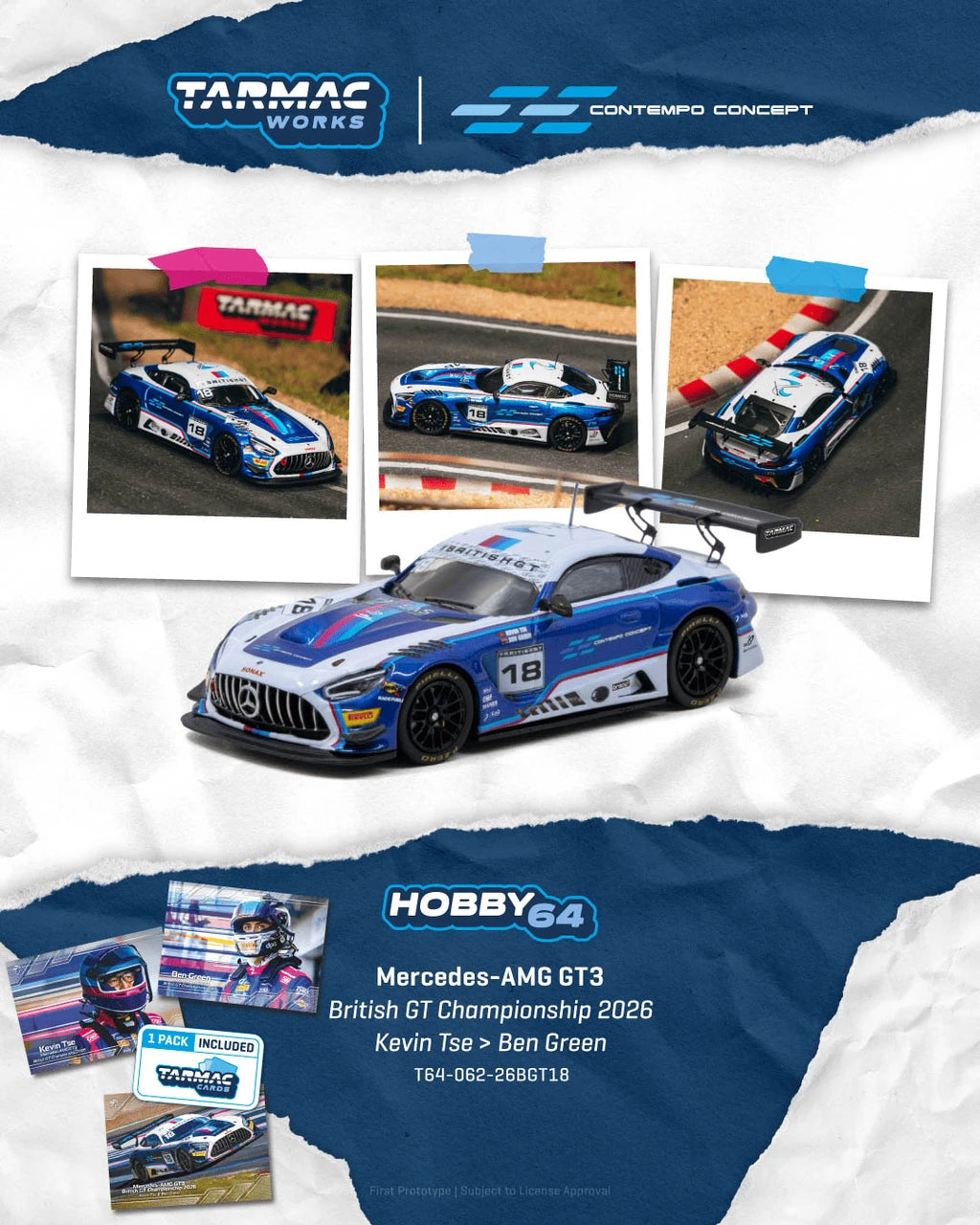 1/64 MERCEDES-AMG GT3 BRITISH GT CHAMPIONSHIP 2026 KEVIN TSE / BEN GREEN MODEL CAR PLUS TRADING CARDS COMBO SET - Tarmac Works - T64-062-26BGT18 - ** Pre Order **