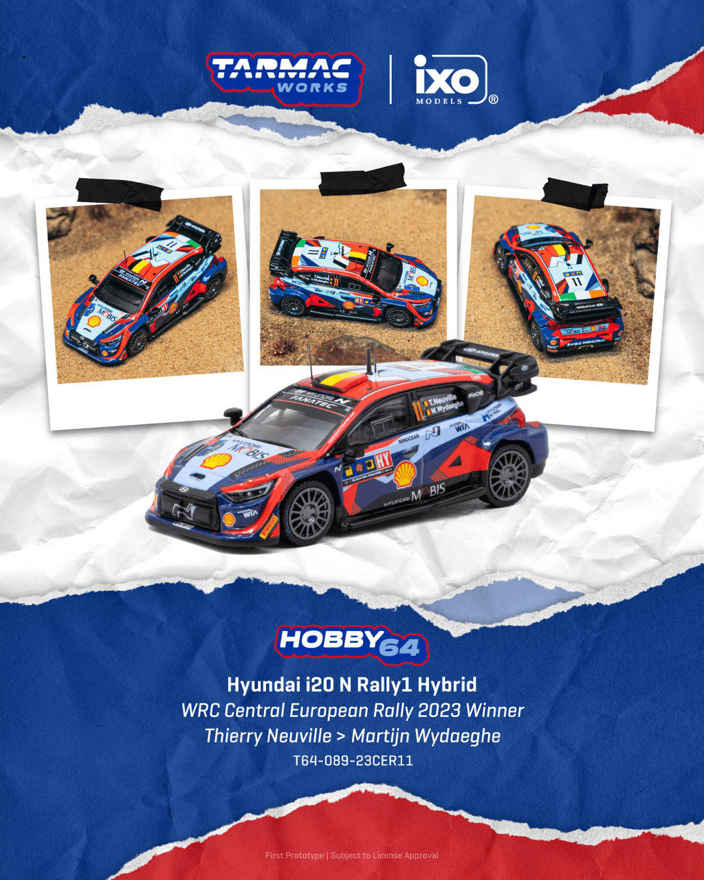 1/64 HYUNDAI I20 N RALLY1 HYBRID WRC CENTRAL EUROPEAN RALLY 2023 WINNER THIERRY NEUVILLE / MARTIJN WYDAEGHE  - Tarmac Works - T64-089-23CER11 - ** Pre Order**