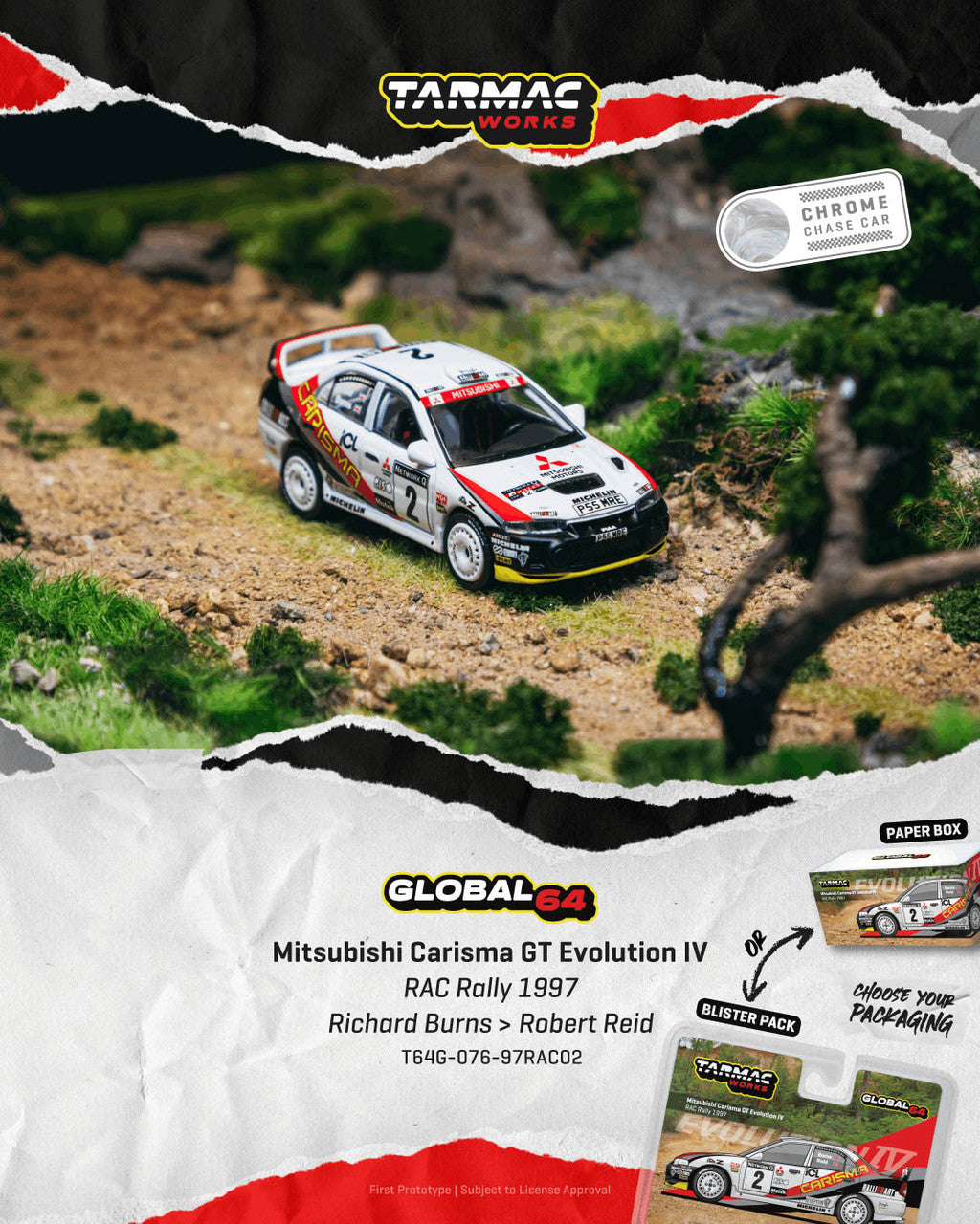 1/64 Mitsubishi Carisma GT Evolution IV RAC Rally 1997 Richard Burns / Robert Reid  - Tarmac Models - T64G-076-97RAC02