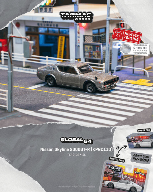 1/64 Nissan Skyline 2000GT-R (KPGC110) Silver - Tarmac Models - T64G-087-SL