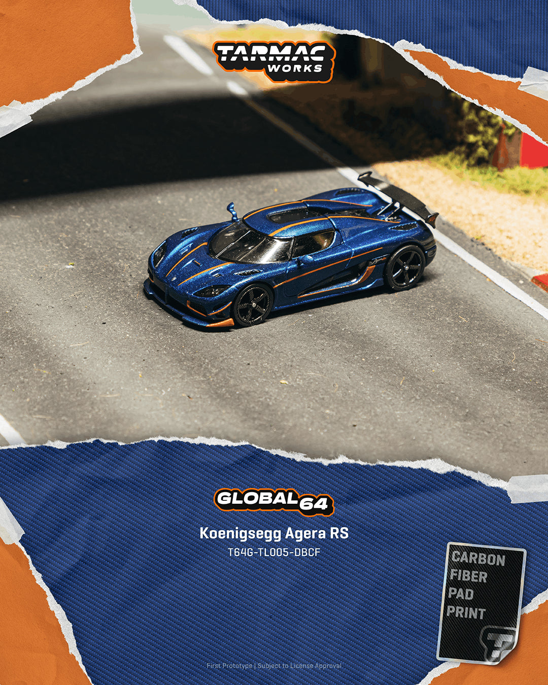 1/64 Koenigsegg Agera RS Dark Blue Carbon Fiber / Orange Accents  - Tarmac Models - T64G-TL005-DBCF