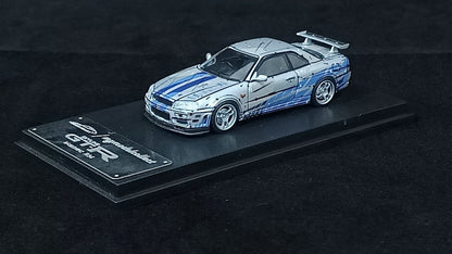 1:64 Nissan Skyline R34 V-Spec - Silver/Blue Livery - Model Collect