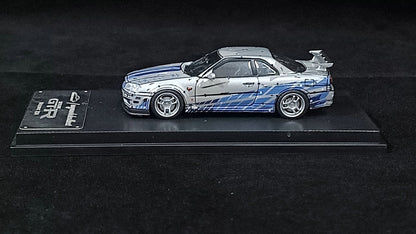 1:64 Nissan Skyline R34 V-Spec - Silver/Blue Livery - Model Collect