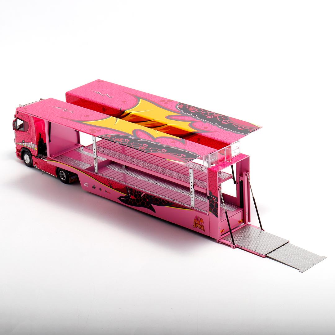 1/64 - Kengfai & Maxwell Scania S730 V8 Double Level Transporter, Tyrannosaurus pink - Beijing Model Exhibition special version