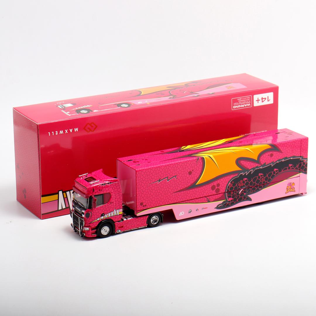 1/64 - Kengfai & Maxwell Scania S730 V8 Double Level Transporter, Tyrannosaurus pink - Beijing Model Exhibition special version