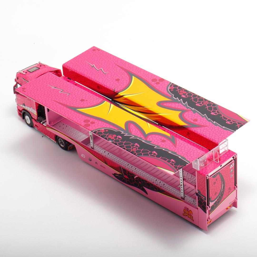 1/64 - Kengfai & Maxwell Scania S730 V8 Double Level Transporter, Tyrannosaurus pink - Beijing Model Exhibition special version