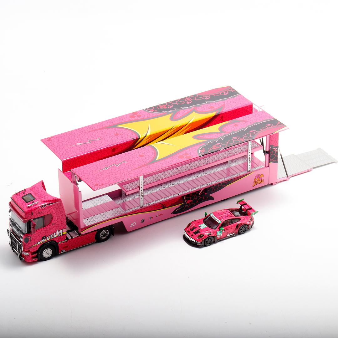 1/64 - Kengfai & Maxwell Scania S730 V8 Double Level Transporter, Tyrannosaurus pink - Beijing Model Exhibition special version
