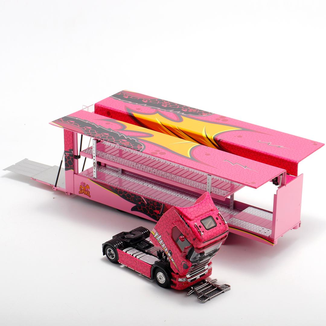1/64 - Kengfai & Maxwell Scania S730 V8 Double Level Transporter, Tyrannosaurus pink - Beijing Model Exhibition special version