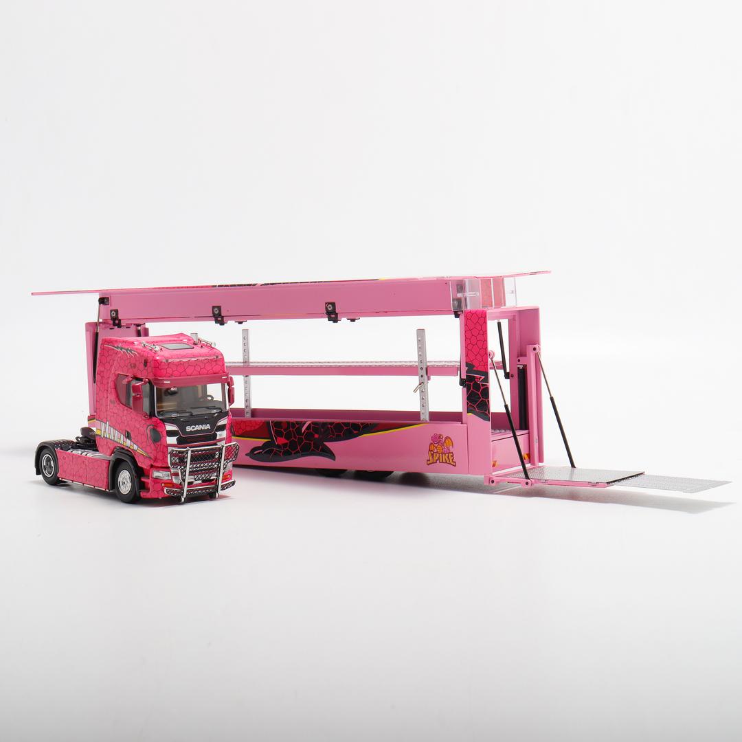 1/64 - Kengfai & Maxwell Scania S730 V8 Double Level Transporter, Tyrannosaurus pink - Beijing Model Exhibition special version