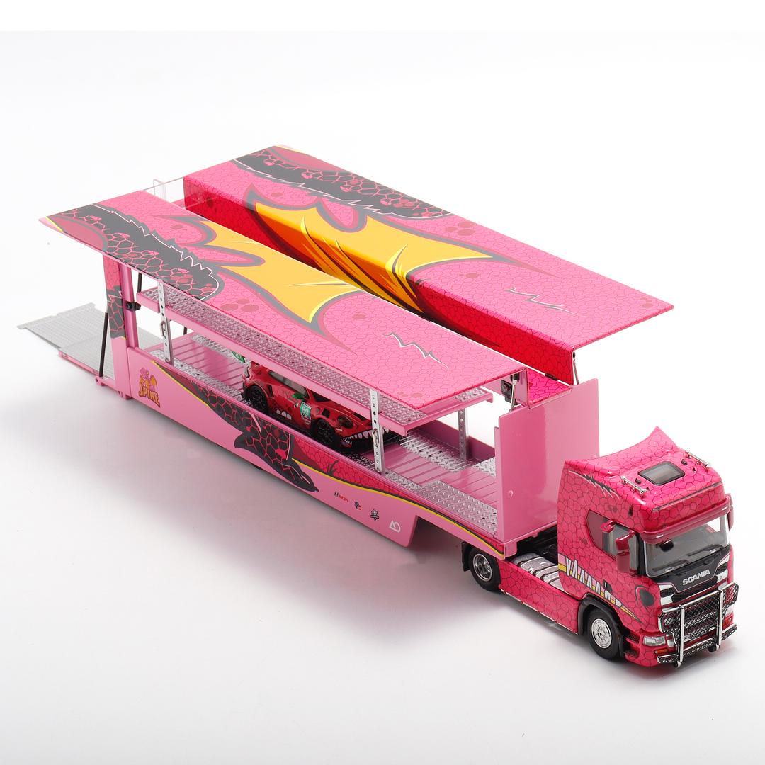 1/64 - Kengfai & Maxwell Scania S730 V8 Double Level Transporter, Tyrannosaurus pink - Beijing Model Exhibition special version