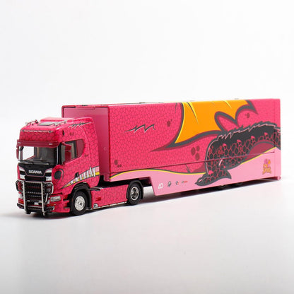 1/64 - Kengfai & Maxwell Scania S730 V8 Double Level Transporter, Tyrannosaurus pink - Beijing Model Exhibition special version