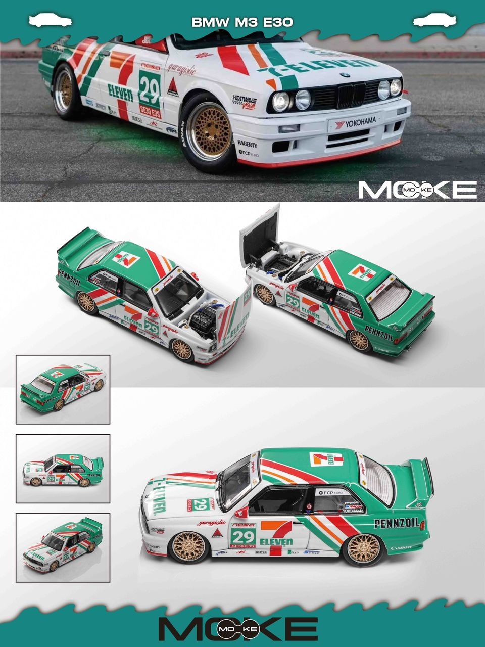 1/64 BMW M3 1st Generation Mk1 E30 Sedan DTM - Moke - Green No. 29 Green 7-Eleven
