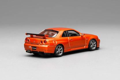 1/64 NISSAN - SKYLINE GT-R (R34) V-SPEC II COUPE 1999 - ORANGE MET - Motorhelix - M63471