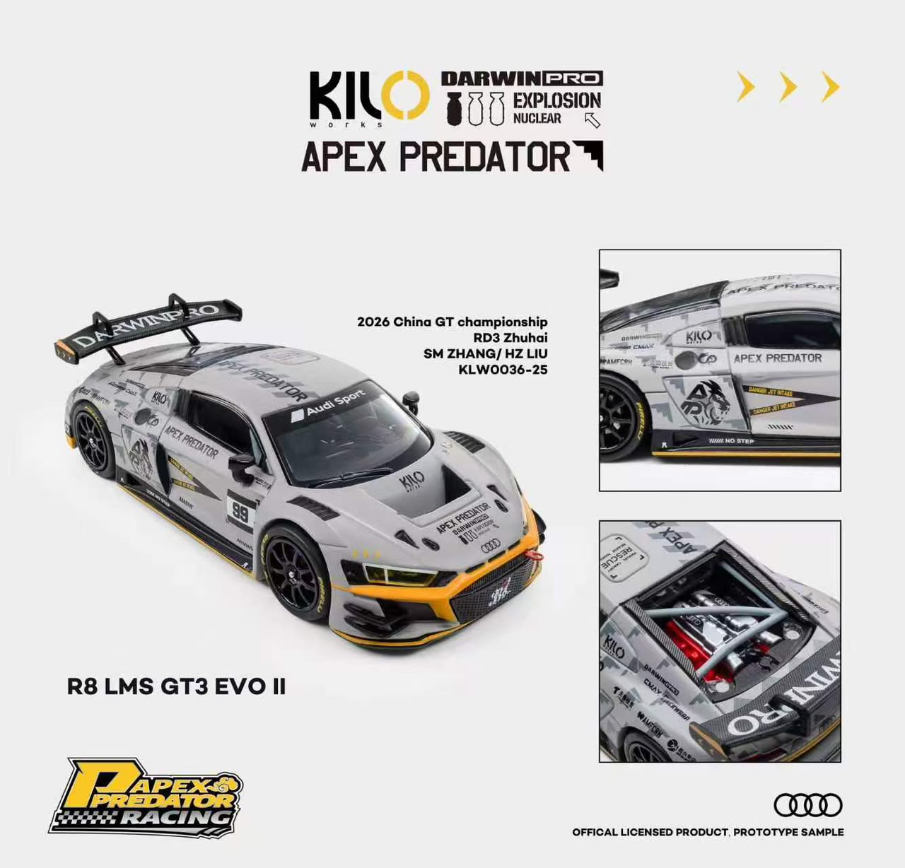 1/64 Audi R8 LMS GT3 EVO II, grey #99 Apex Predator - KiloWorks/ NZG - KLW0036-25